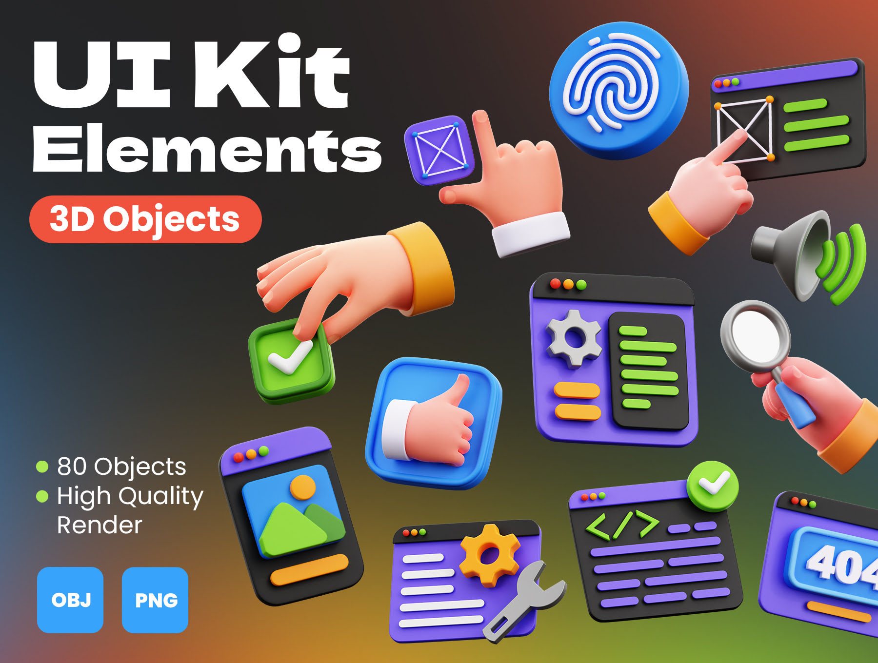 3D UI工具包元素 3D UI Kit Elements png, obj, glb格式-3D/图标-到位啦UI